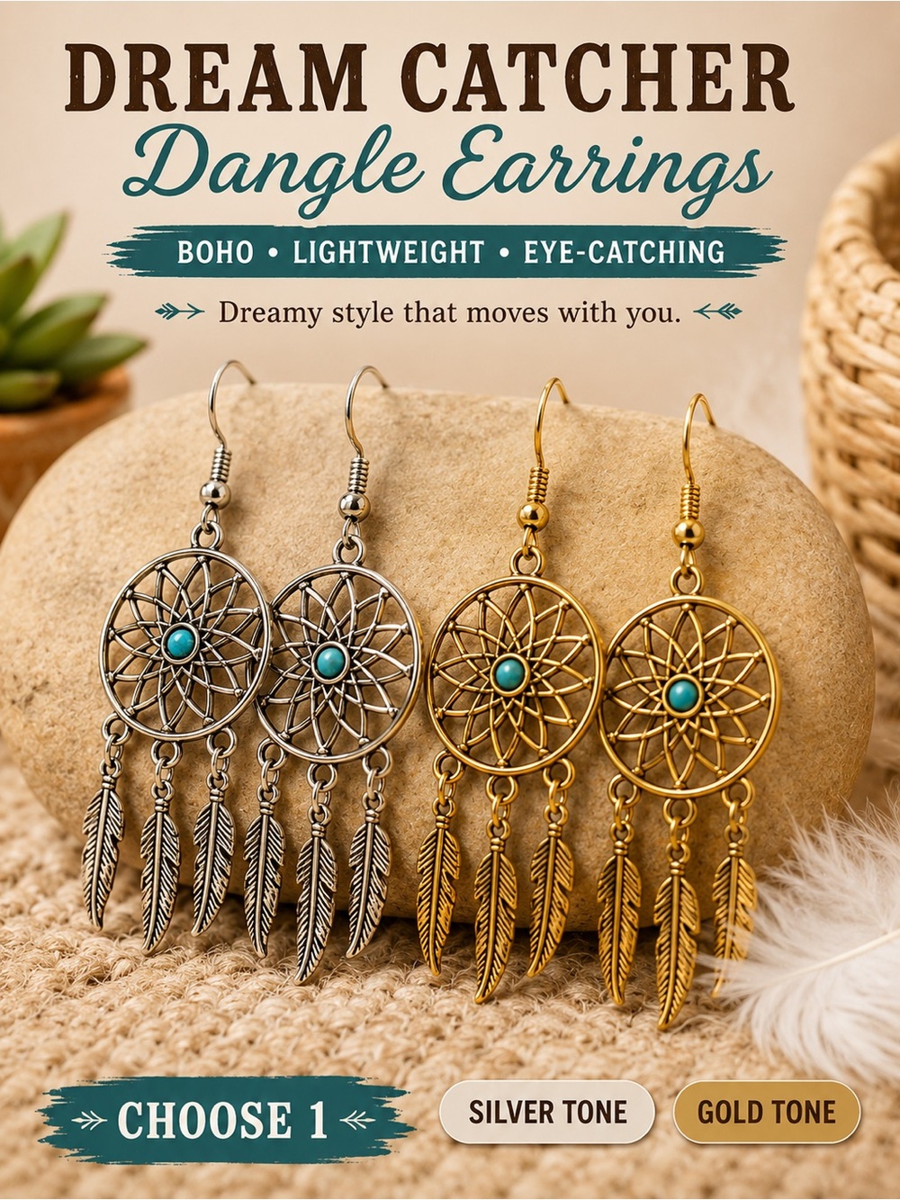 Silver Dreamcatcher Dangle Earrings with Turquoise Accent